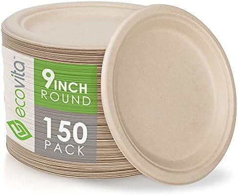 100% Compostable Paper Plates [9 in.] – 150 Disposable Plates Eco Friendly Sturdy Tree Free Liquid and Heat Resistant Alternative to Plastic or Paper Plates