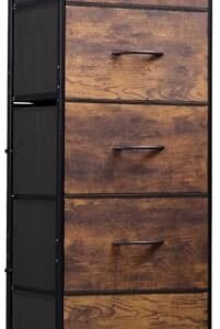 WLIVE Fabric Dresser, 5-Drawer Tall Dresser for Bedroom, Storage Organizer with Fabric Bins, Wood Top, Sturdy Steel Frame, Chest of Drawers for Closet, Hallway, Rustic Brown Wood Grain Print